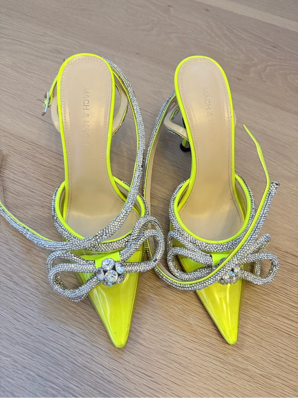 MACH & MACH Neon Yellow Patent Pointed Slingback Heels with Crystal Bow